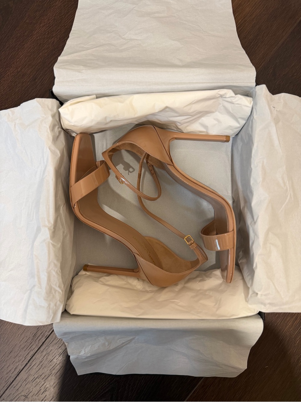 Saint Laurent Amber 105 Nude Patent Ankle-Strap Stiletto Sandals - Women 40 - Picture 8 of 11